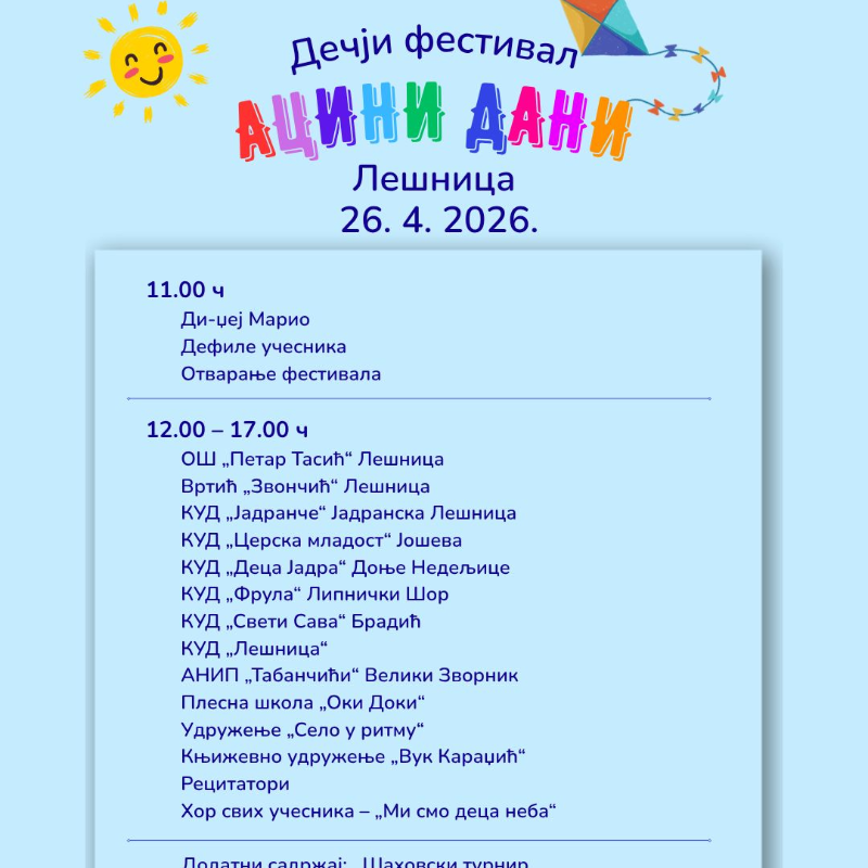 Dečji festival „Acini dani“ 26. aprila u Lešnici